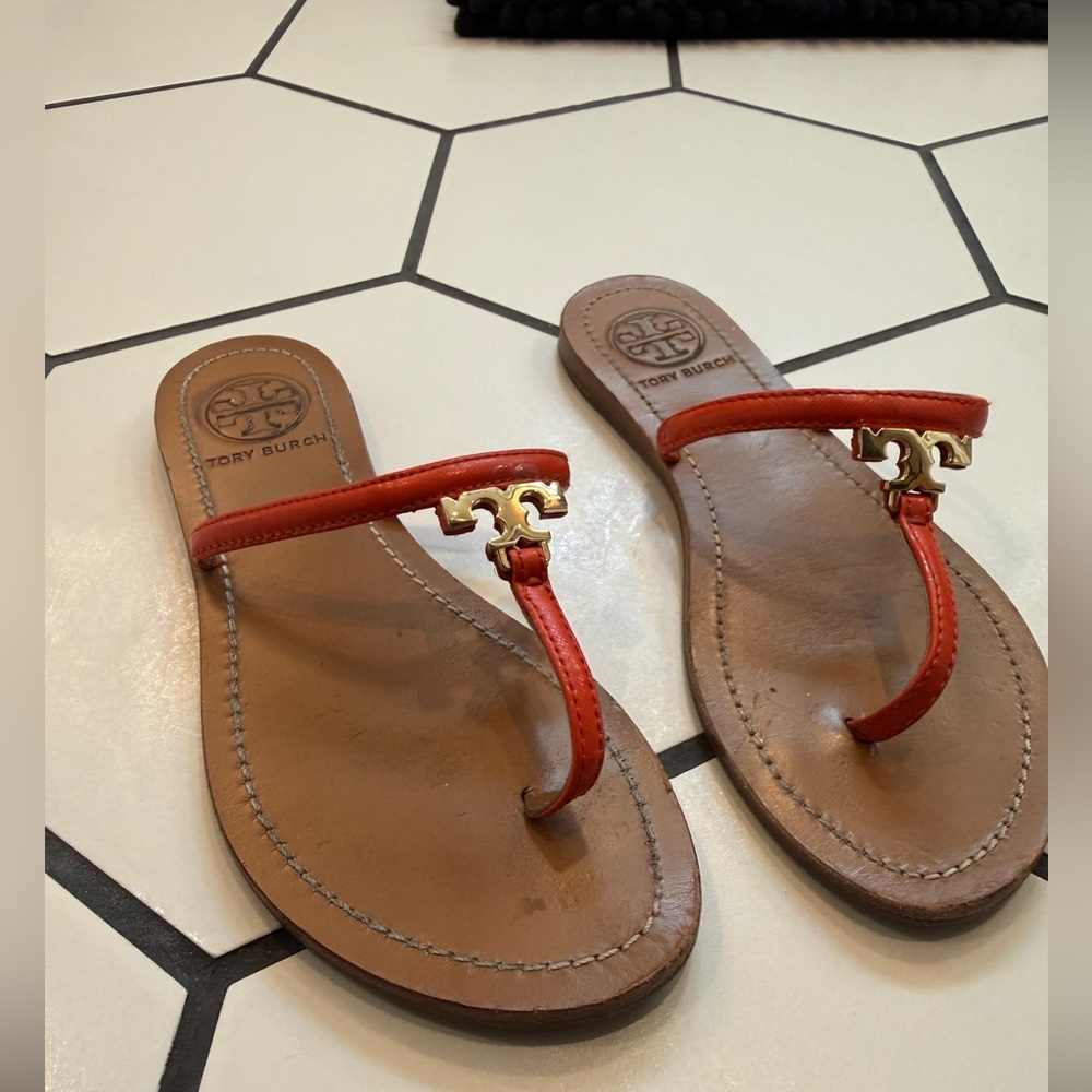 Tory Burch Orange Leather Sandals with Gold Metal “T” logo